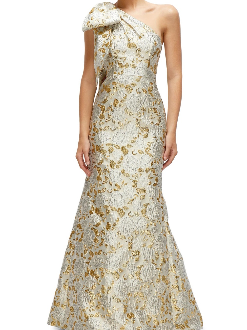ALFRED SUNG Ivory and Gold One-Shoulder Floral Jacquard Gown